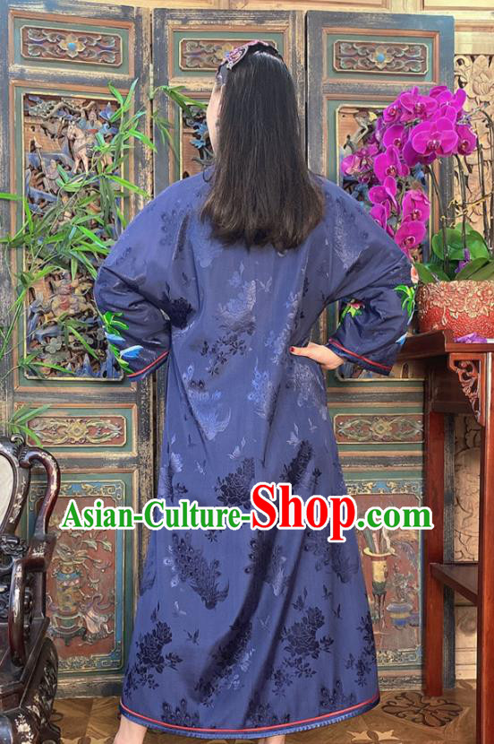 Chinese Embroidered Peacock Peony Navy Silk Dust Coat Traditional Embroidered Long Gown Clothing