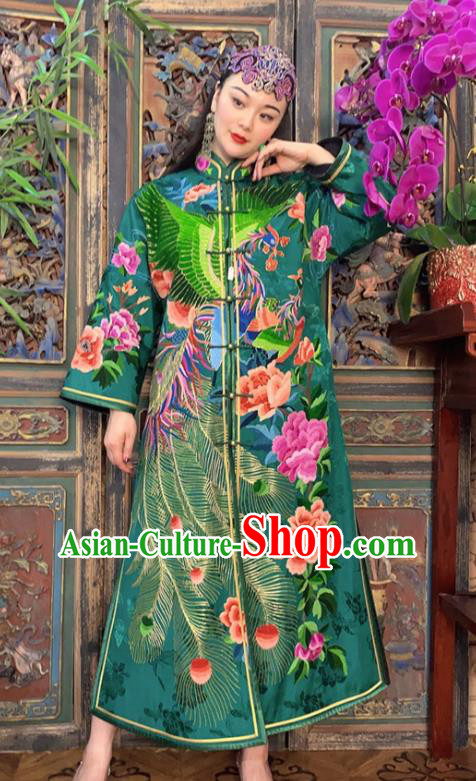 Chinese Embroidered Dust Coat Traditional Embroidered Green Silk Long Gown Clothing