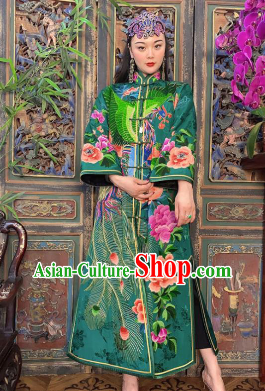 Chinese Embroidered Dust Coat Traditional Embroidered Green Silk Long Gown Clothing