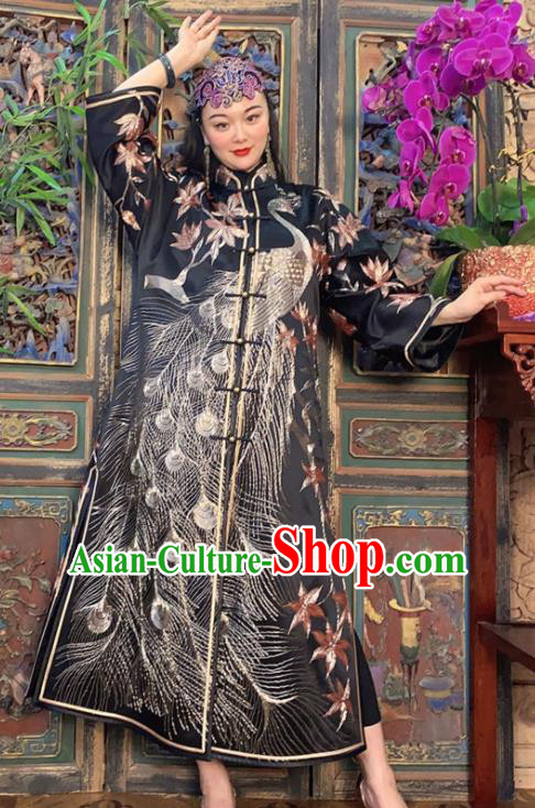 Chinese Traditional Embroidered Black Silk Long Gown Clothing Embroidered Peacock Dust Coat