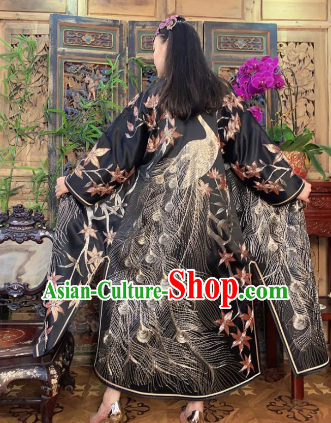 Chinese Traditional Embroidered Black Silk Long Gown Clothing Embroidered Peacock Dust Coat