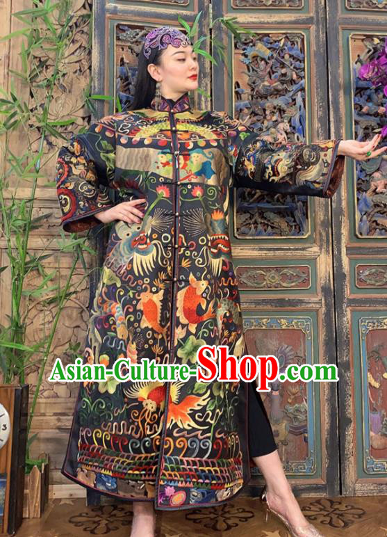 Chinese Embroidered Black Silk Dust Coat Traditional Long Gown Women Outer Garment Clothing