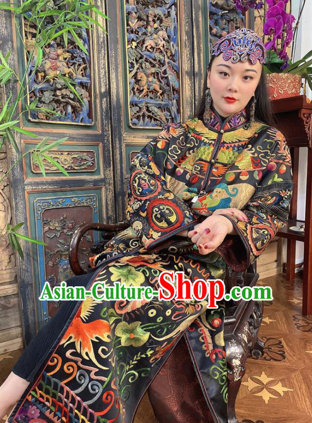 Chinese Embroidered Black Silk Dust Coat Traditional Long Gown Women Outer Garment Clothing