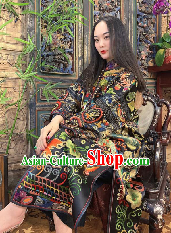 Chinese Embroidered Black Silk Dust Coat Traditional Long Gown Women Outer Garment Clothing