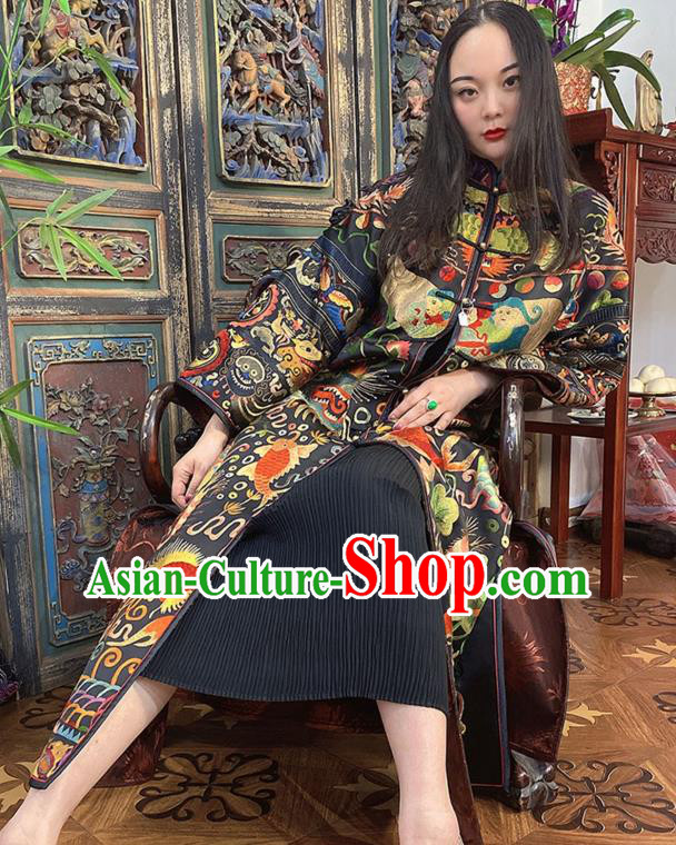 Chinese Embroidered Black Silk Dust Coat Traditional Long Gown Women Outer Garment Clothing