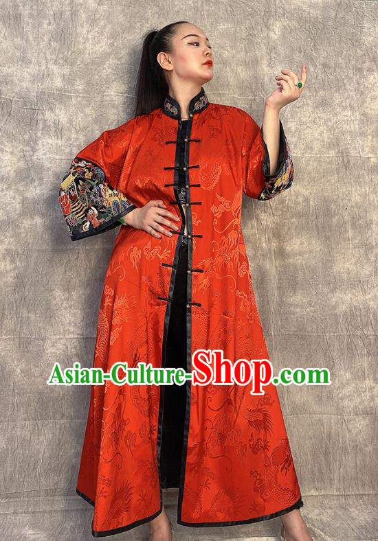 Chinese Embroidered Red Silk Coat Traditional Women Clothing Long Gown Outer Garment