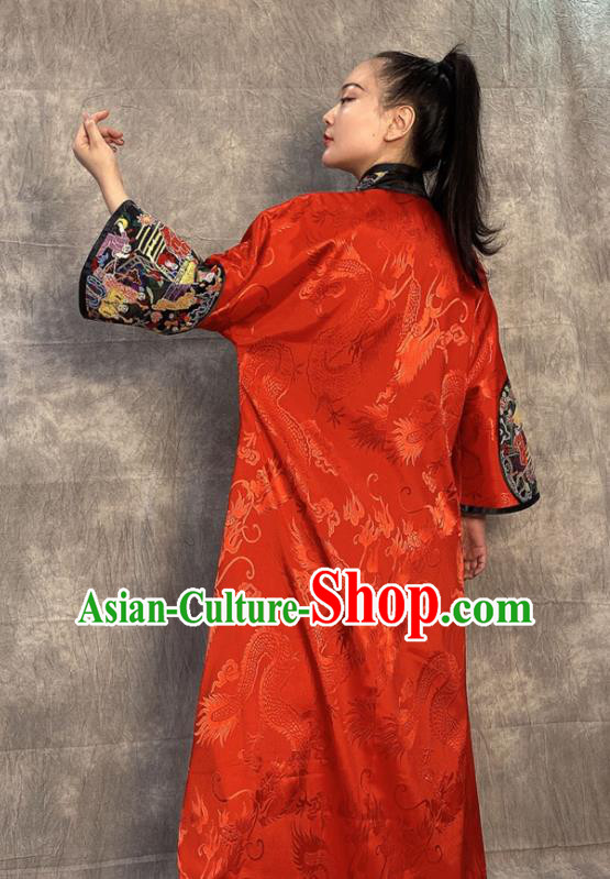 Chinese Embroidered Red Silk Coat Traditional Women Clothing Long Gown Outer Garment