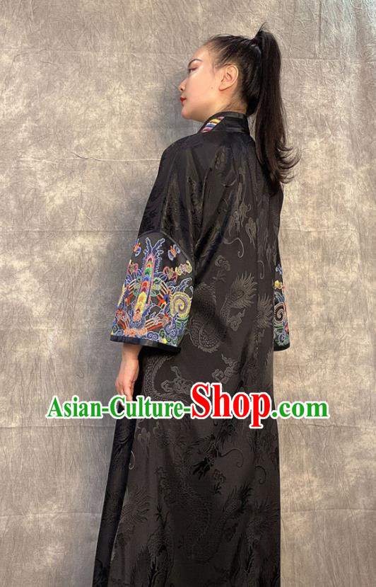 Chinese Traditional Women Clothing Long Gown Outer Garment Embroidered Black Silk Coat