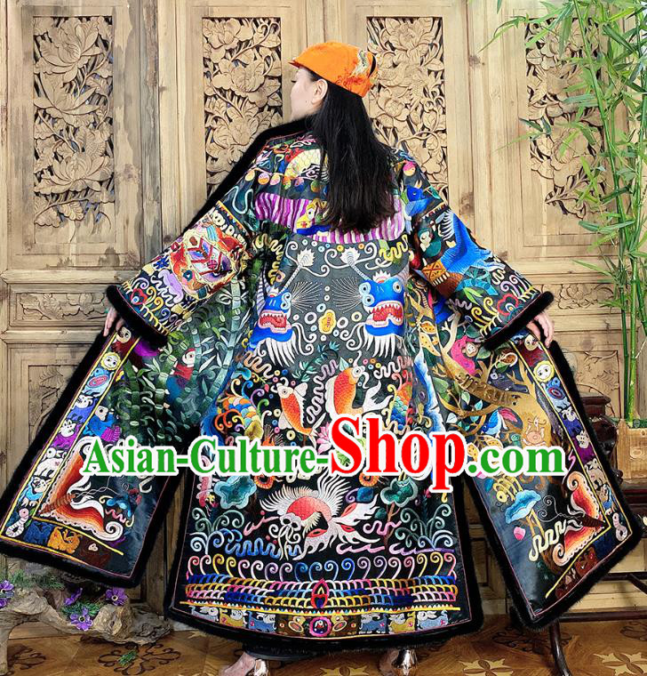 Chinese Traditional Women Clothing Winter Outer Garment Embroidered Silk Dust Coat