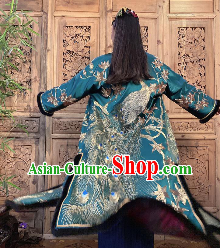 Chinese Women Winter Outer Garment Embroidered Peacock Green Silk Dust Coat Traditional Clothing