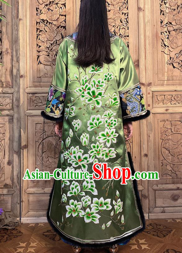Chinese Green Silk Dust Coat Traditional National Clothing Women Winter Embroidered Mangnolia Outer Garment