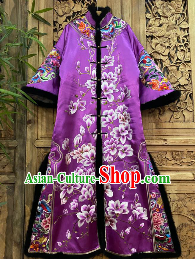 Chinese Women Winter Outer Garment Traditional National Clothing Embroidered Mangnolia Purple Silk Dust Coat