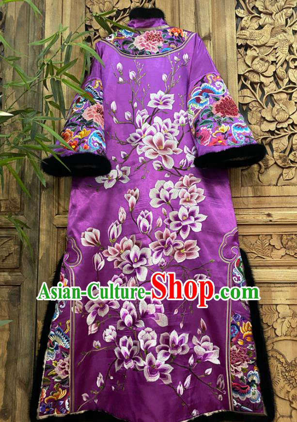 Chinese Women Winter Outer Garment Traditional National Clothing Embroidered Mangnolia Purple Silk Dust Coat