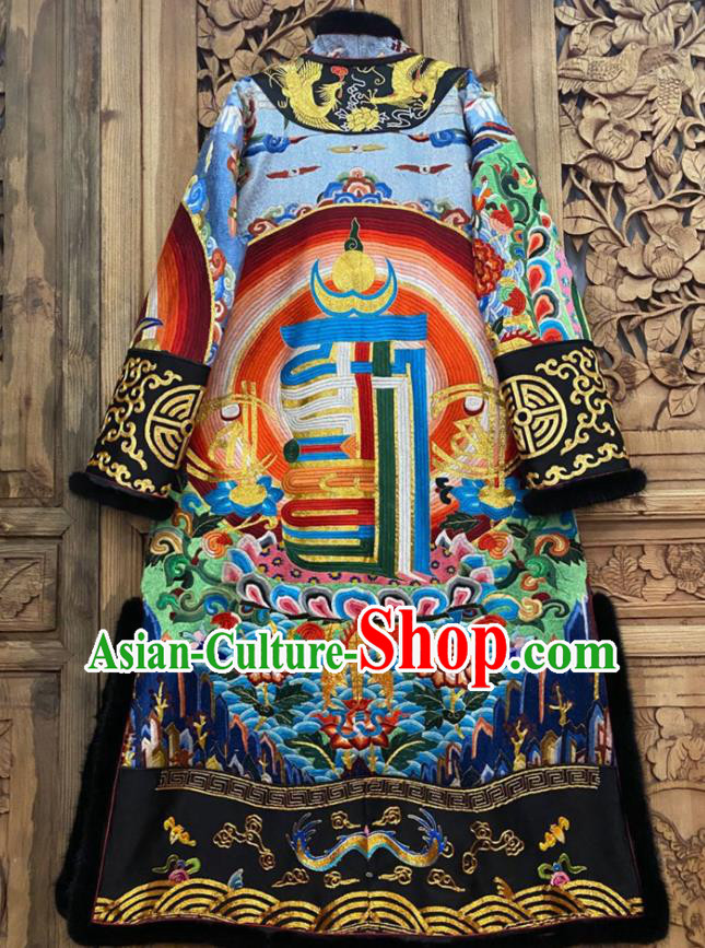 Chinese Traditional National Women Clothing Embroidered Dust Coat Winter Blue Silk Outer Garment