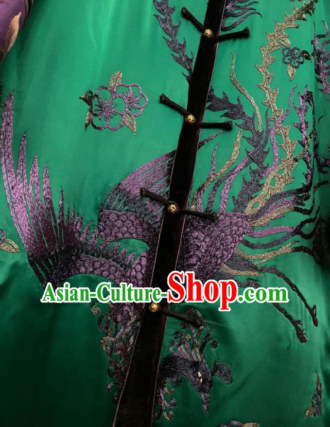 Chinese Winter Green Silk Outer Garment Traditional National Women Clothing Embroidered Phoenix Dust Coat