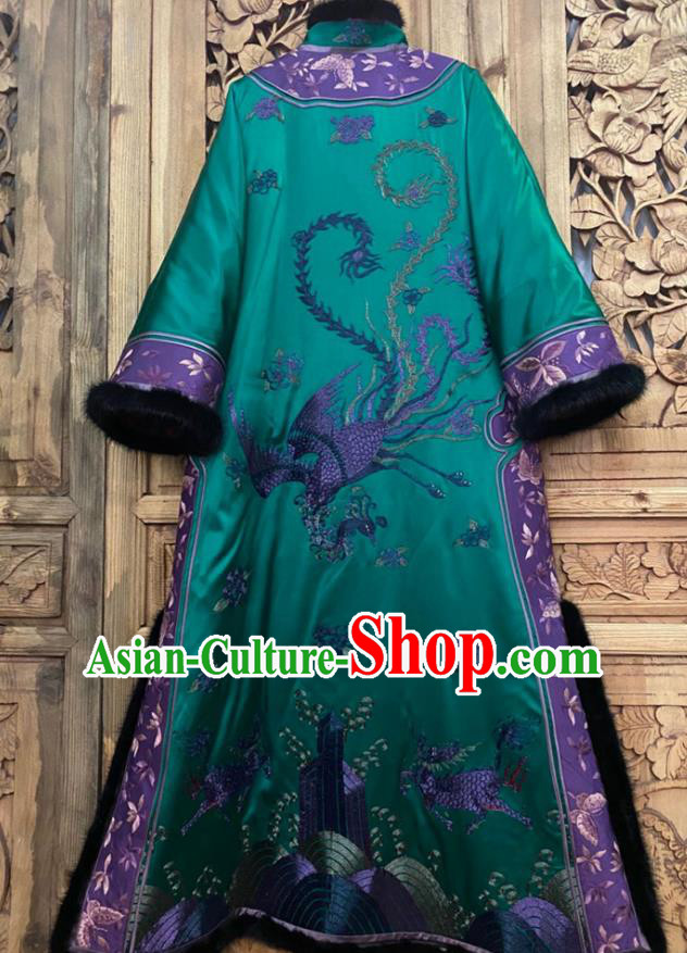 Chinese Winter Green Silk Outer Garment Traditional National Women Clothing Embroidered Phoenix Dust Coat