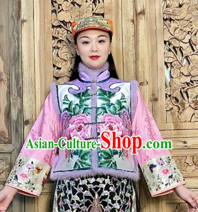 Chinese Winter Violet Silk Waistcoat Traditional National Women Clothing Embroidered Peony Vest