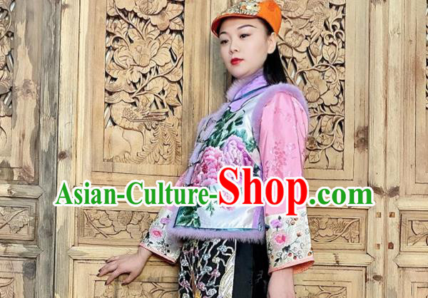 Chinese Winter Violet Silk Waistcoat Traditional National Women Clothing Embroidered Peony Vest