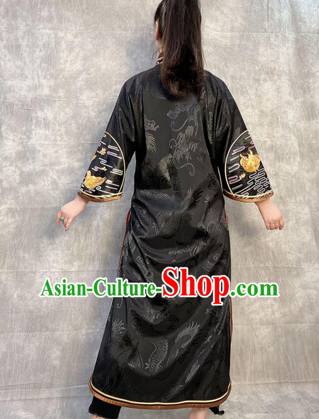 Chinese National Black Silk Dust Coat Traditional Tang Suit Overcoat Embroidered Costume