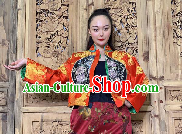 Chinese Traditional Embroidered Red Silk Jacket Tang Suit Outer Garment
