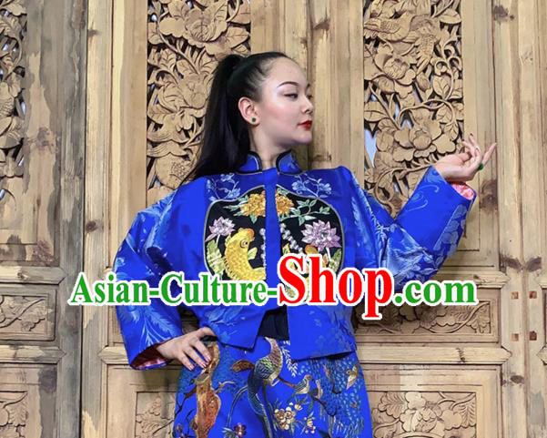 Chinese National Costume Tang Suit Outer Garment Traditional Embroidered Lotus Fish Blue Silk Jacket