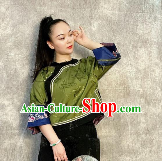 Chinese Tang Suit Upper Outer Garment Traditional Green Silk Blouse