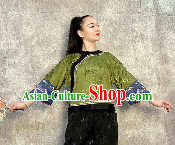 Chinese Tang Suit Upper Outer Garment Traditional Green Silk Blouse