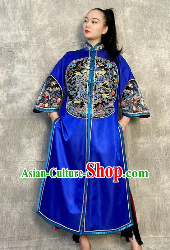 Chinese Tang Suit Overcoat Embroidered Royalblue Silk Dust Coat Traditional National Costume