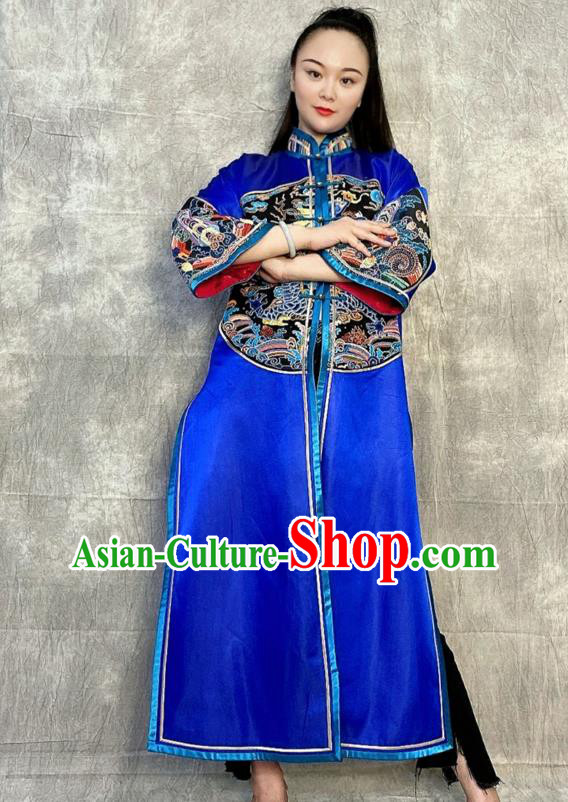 Chinese Tang Suit Overcoat Embroidered Royalblue Silk Dust Coat Traditional National Costume