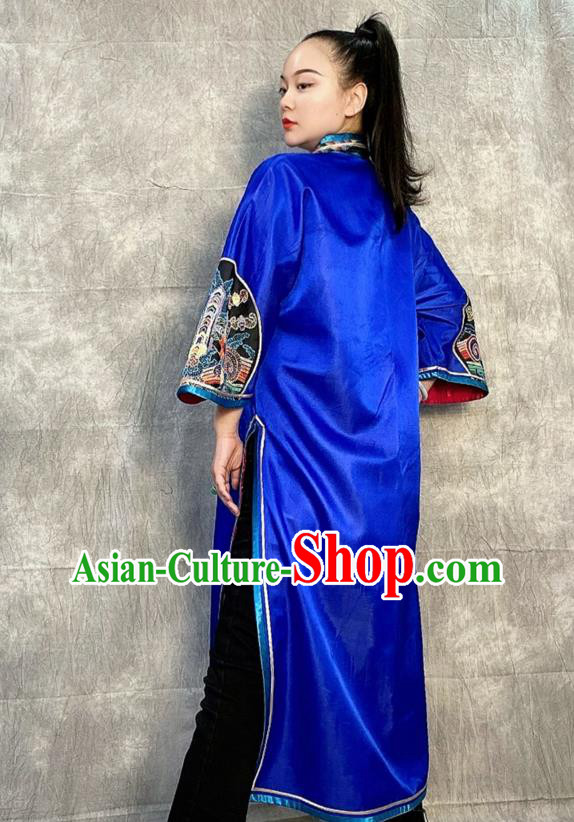 Chinese Tang Suit Overcoat Embroidered Royalblue Silk Dust Coat Traditional National Costume