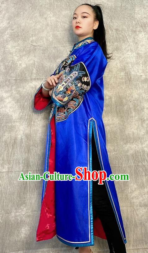 Chinese Tang Suit Overcoat Embroidered Royalblue Silk Dust Coat Traditional National Costume