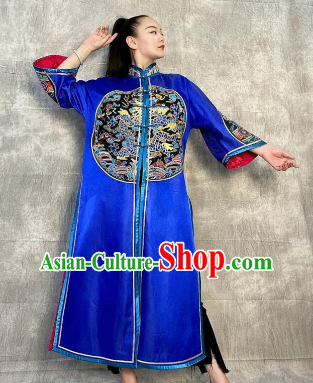 Chinese Tang Suit Overcoat Embroidered Royalblue Silk Dust Coat Traditional National Costume