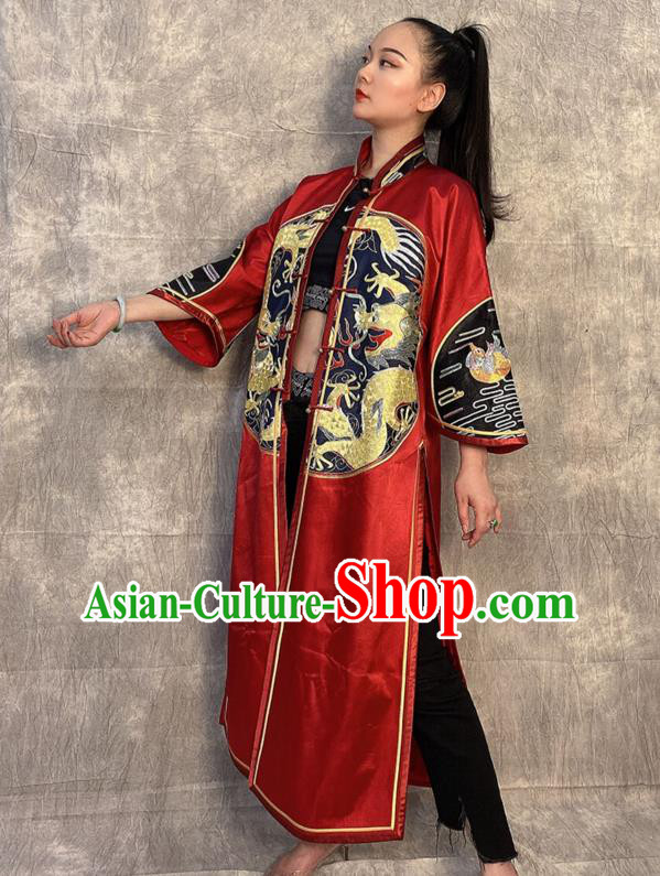 Chinese Traditional National Costume Tang Suit Overcoat Embroidered Dragon Red Silk Dust Coat