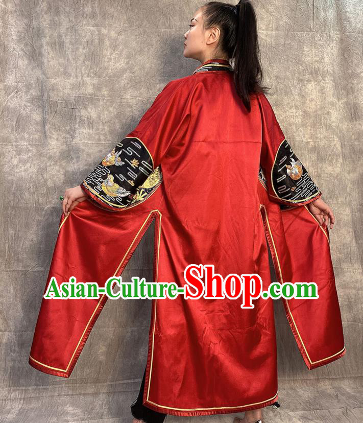Chinese Traditional National Costume Tang Suit Overcoat Embroidered Dragon Red Silk Dust Coat