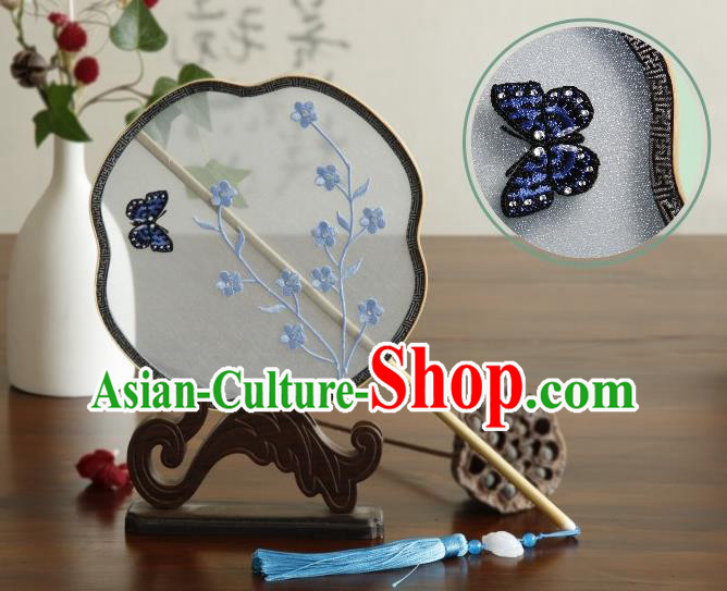 China Embroidered Plum Butterfly Silk Palace Fan Traditional Hanfu Fan Handmade Classical Dance Fan