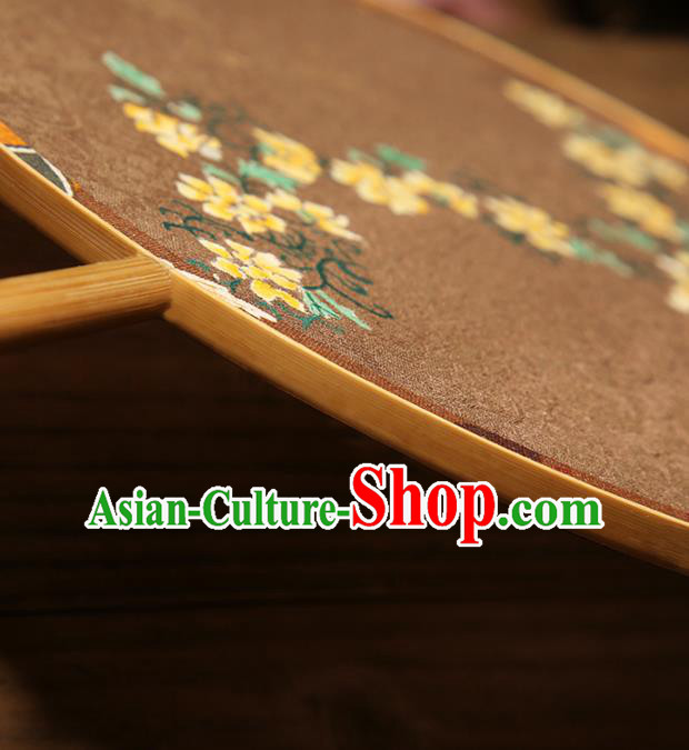 China Traditional Song Dynasty Princess Circular Fan Classical Palace Fan Handmade Brown Silk Fan