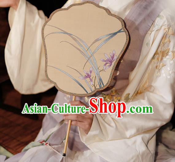 China Traditional Song Dynasty Princess Fan Classical Orchids Pattern Silk Fan Handmade Palace Fan