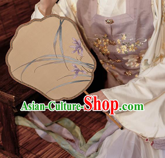 China Traditional Song Dynasty Princess Fan Classical Orchids Pattern Silk Fan Handmade Palace Fan