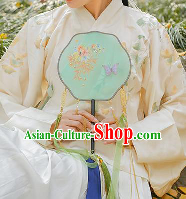 China Traditional Ming Dynasty Princess Fan Classical Silk Fan Handmade Green Ribbon Tassel Palace Fan