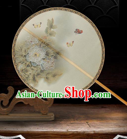 China Traditional Palace Fan Classical Peony Pattern Beige Silk Fan Handmade Hanfu Circular Fan
