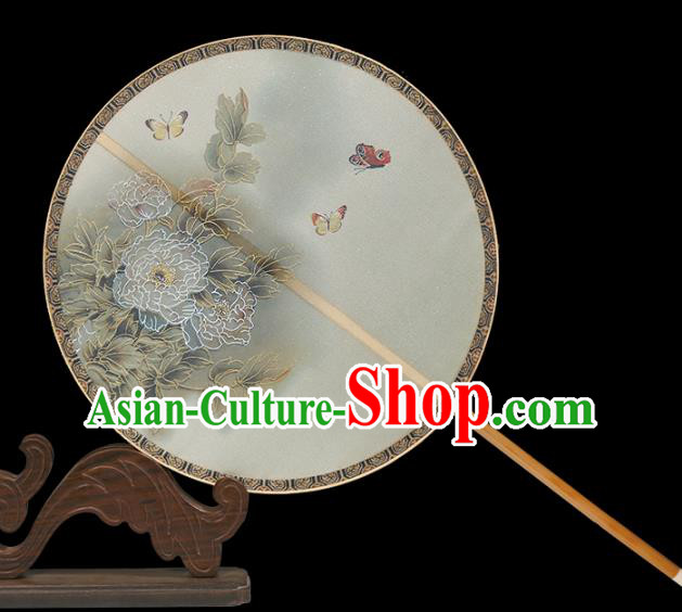 China Traditional Palace Fan Classical Peony Pattern Beige Silk Fan Handmade Hanfu Circular Fan