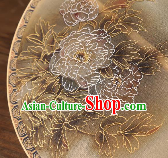 China Traditional Palace Fan Classical Peony Pattern Beige Silk Fan Handmade Hanfu Circular Fan