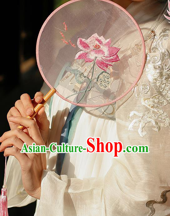 China Handmade Embroidered Lotus Palace Fan Classical Circular Silk Fan Traditional Hanfu Fan