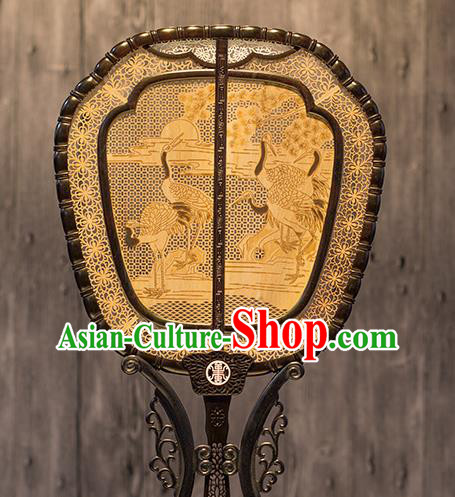 China Handmade Hollow Rosewood Fan Traditional Carving Wood Fan Classical Cranes Pattern Palace Fan