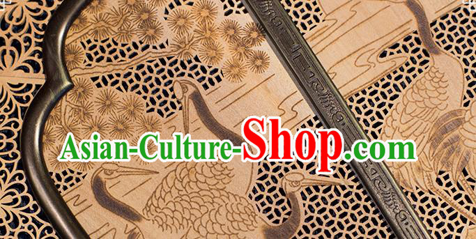 China Handmade Hollow Rosewood Fan Traditional Carving Wood Fan Classical Cranes Pattern Palace Fan