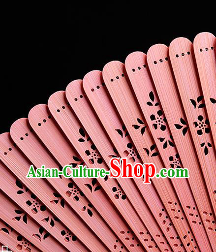 Chinese Handmade Hollow Fan Traditional Pink Bamboo Accordion Classical Folding Fan