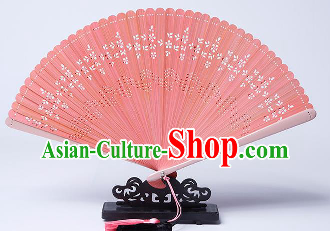 Chinese Handmade Hollow Fan Traditional Pink Bamboo Accordion Classical Folding Fan