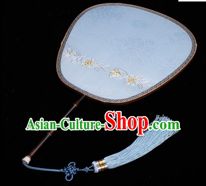 China Traditional Jacquard Blue Silk Fan Classical Palace Fan Handmade Hanfu Fan