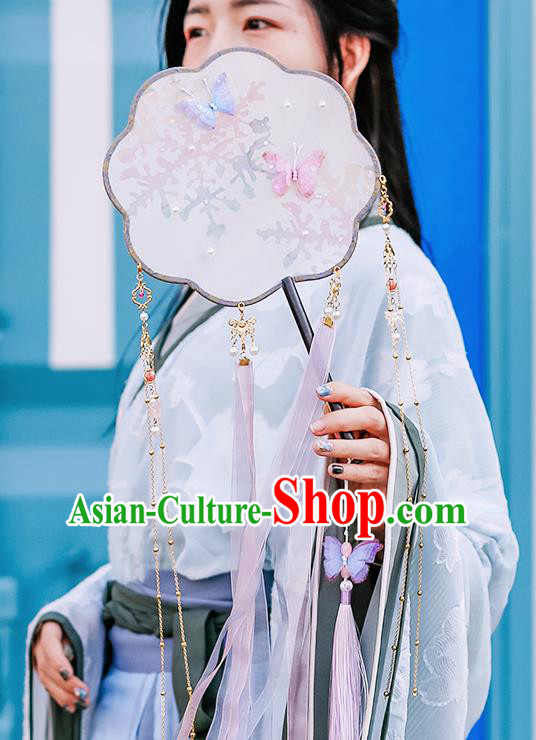 China Handmade Palace Fan Traditional Jin Dynasty Princess Silk Fan Classical Ribbon Tassel Fan