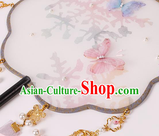 China Handmade Palace Fan Traditional Jin Dynasty Princess Silk Fan Classical Ribbon Tassel Fan